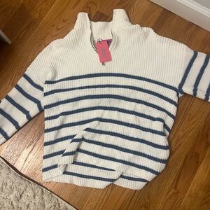 Edikted White and Blue Striped Turtleneck Sweater